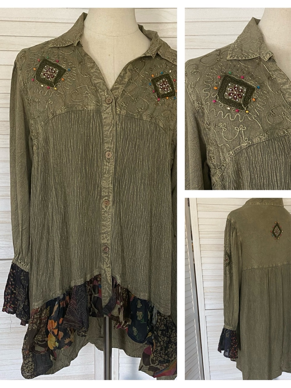 Young Threads Boho Olive Green Mixed Patterns Embellished Embroidered Top XL NWT
